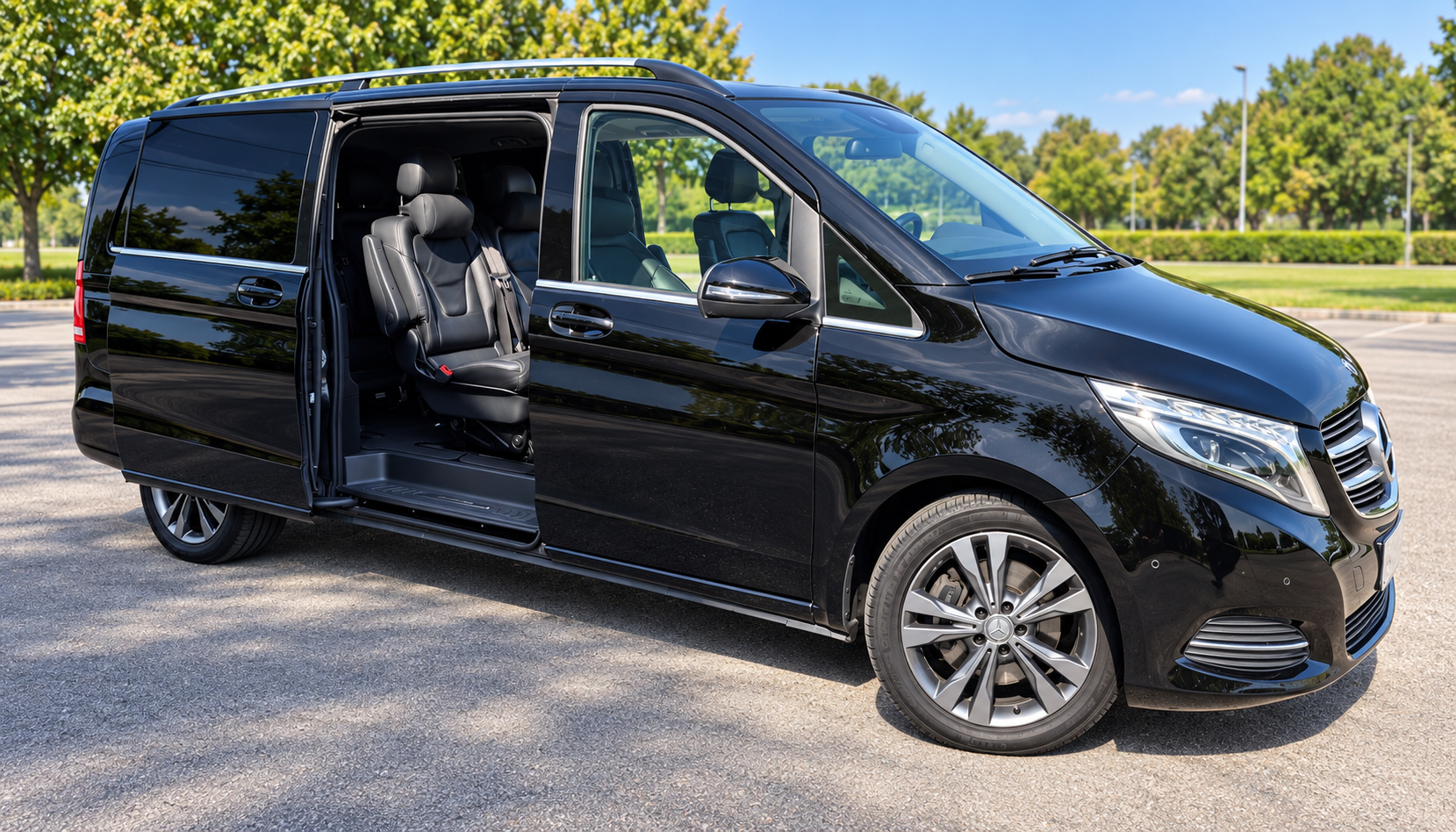 Mercedes-Benz V250 šoninis vaizdas su atidarytomis durimis — erdvus įlipimas